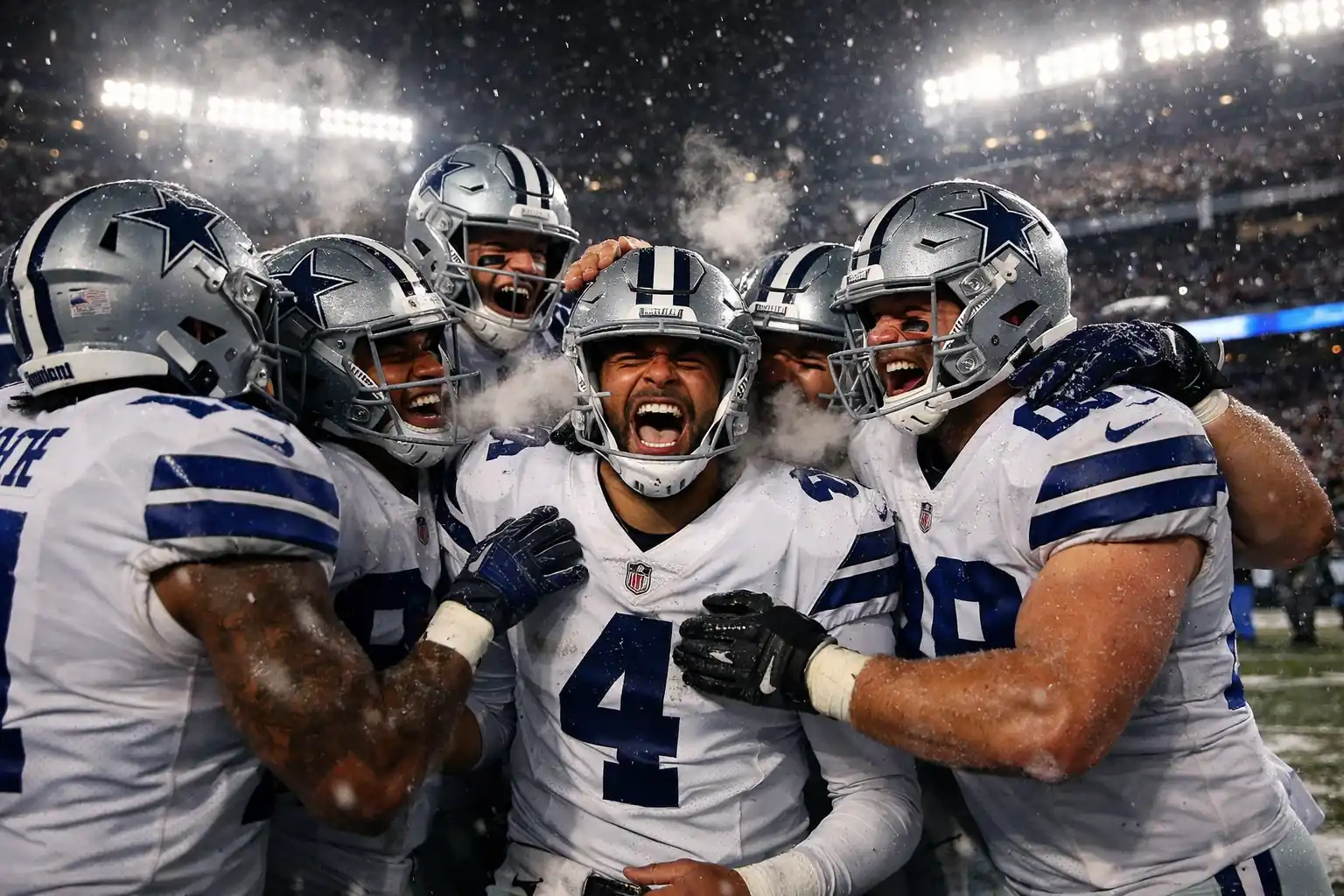 Jugadores NFL celebrando victoria en partido de playoffs