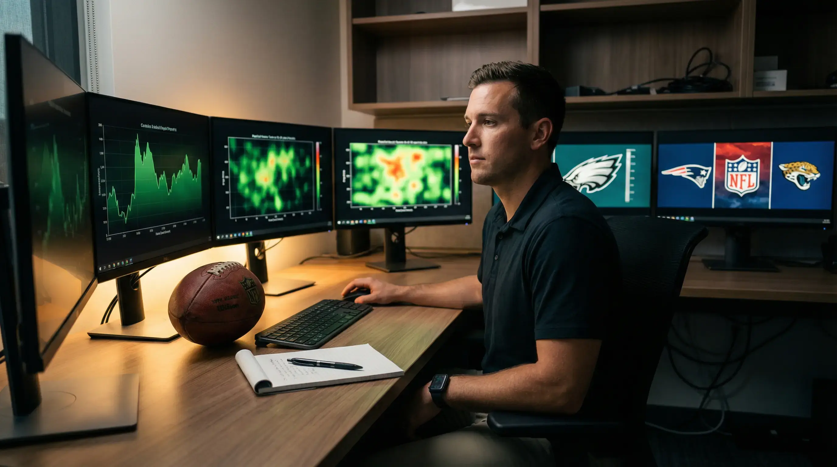Analista estudiando estadísticas y tendencias de equipos NFL en múltiples pantallas
